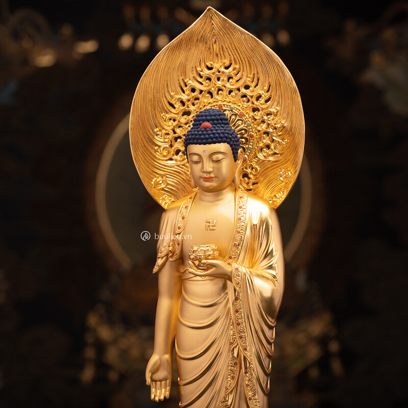 Tượng Đức Phật A Di Đà Đồng Cẩn Đá Thếp Vàng