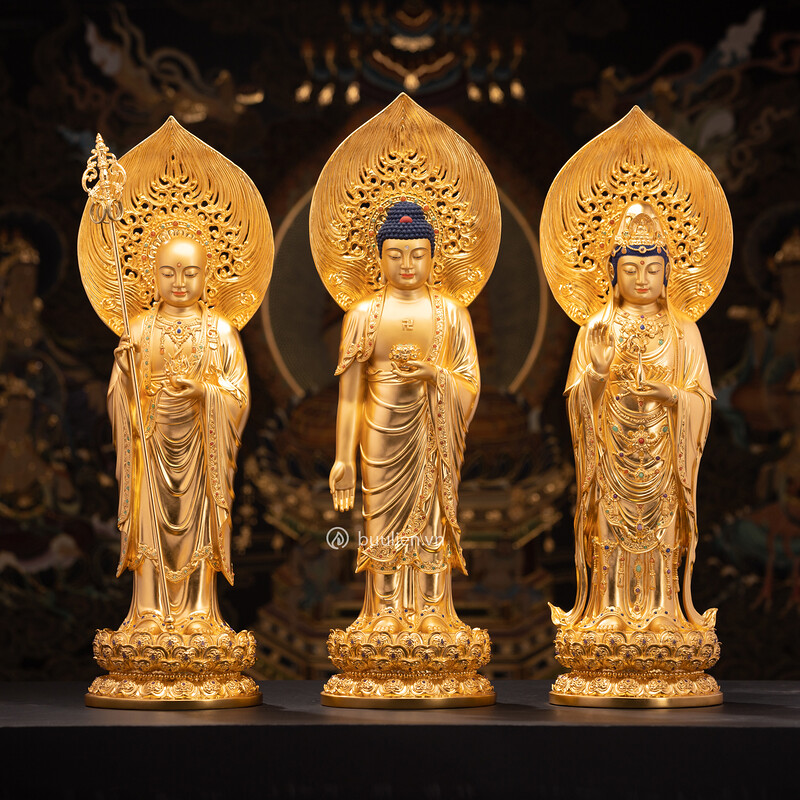 Tượng Đức Phật A Di Đà Đồng Cẩn Đá Thếp Vàng