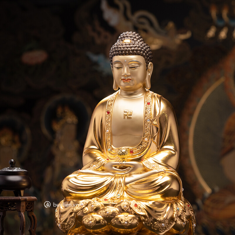Tượng Đức Phật A Di Đà Đồng Thếp Vàng Hoa Văn