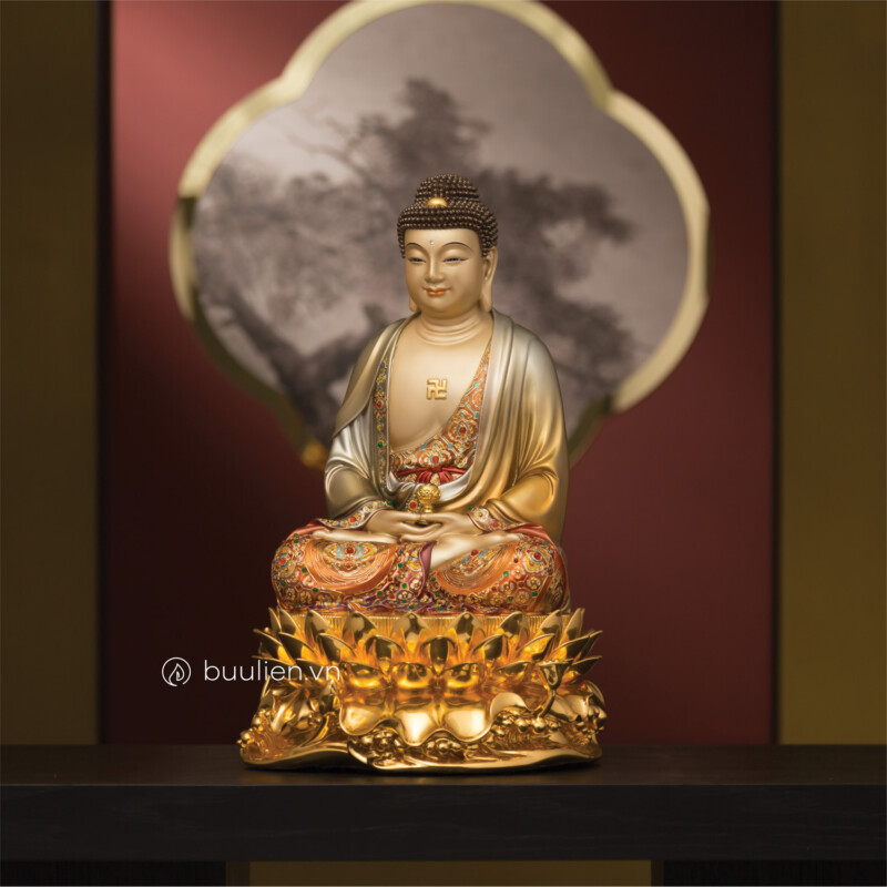 Tượng Đức Phật A Di Đà Vi Tiếu Đồng Pháp Lam